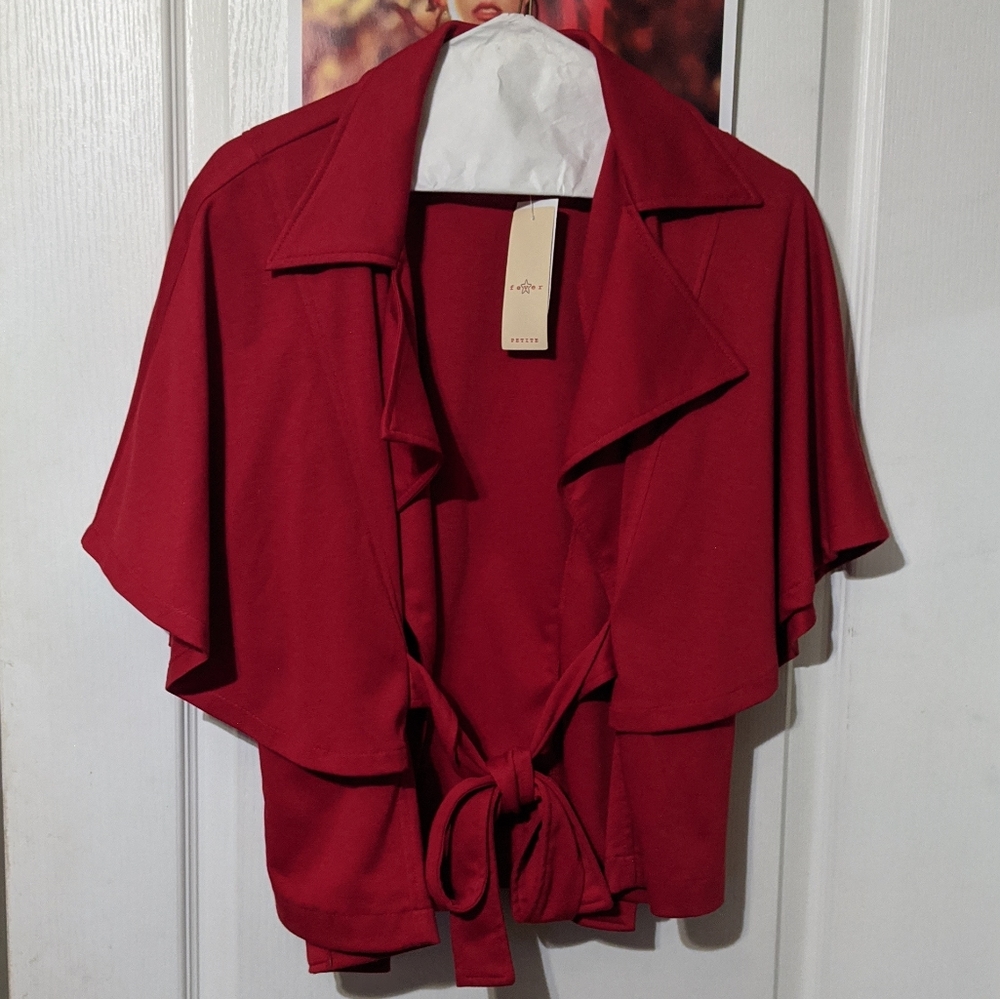FEVER Red Stretch Knit Drape Jacket Shirt Top Tie Wrap Collar Cardigan Petite Sm